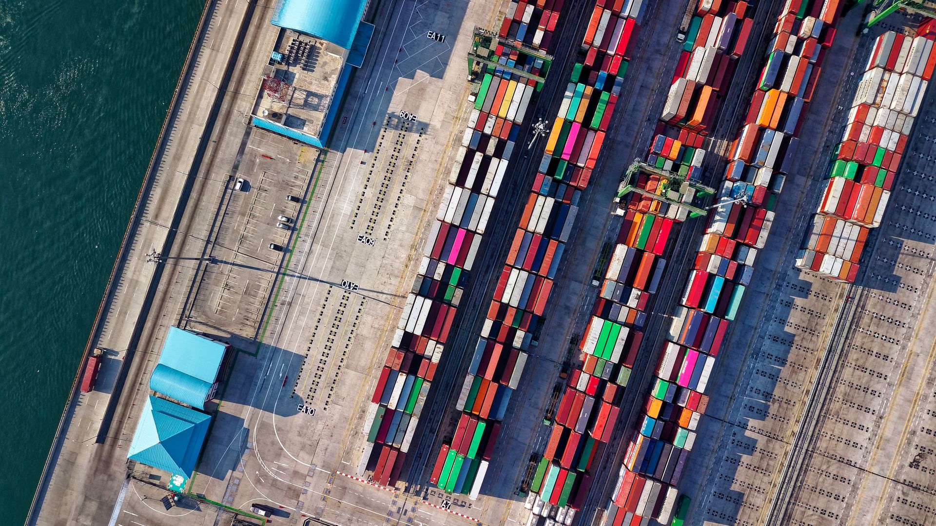 Aerial view of a container terminal next to the water